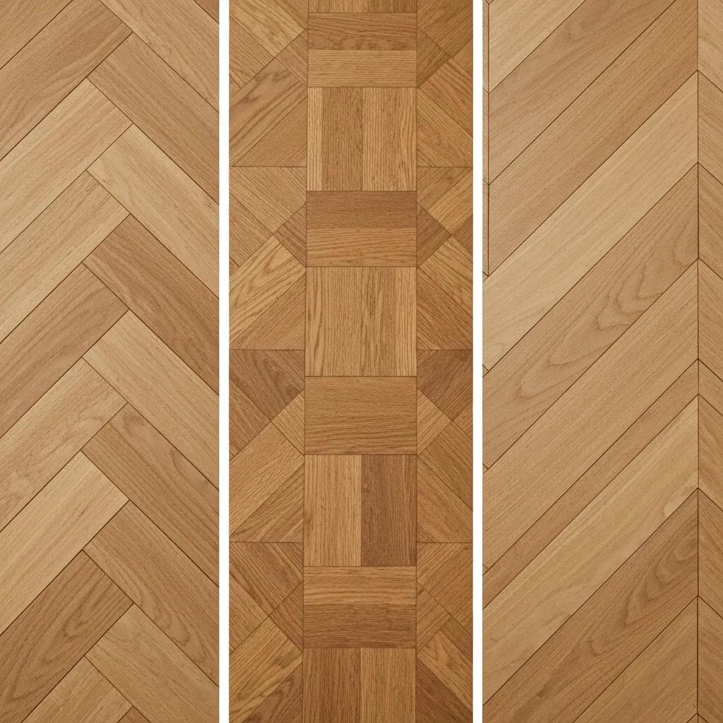 A visual comparison of herringbone, parquet, and chevron flooring patterns, highlighting their unique designs.