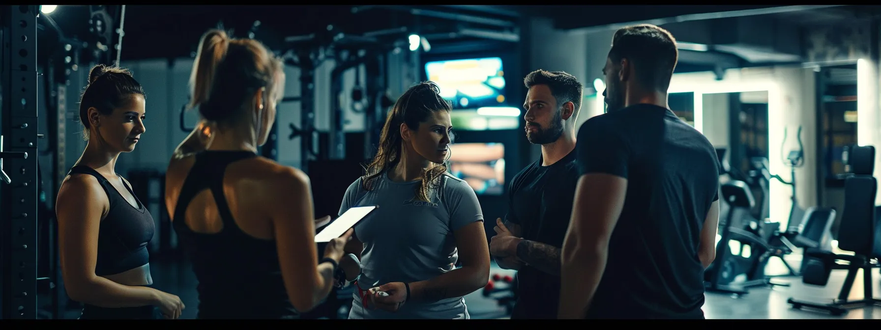 a group of fitness professionals gathered around discussing workout plans and techniques with clients.