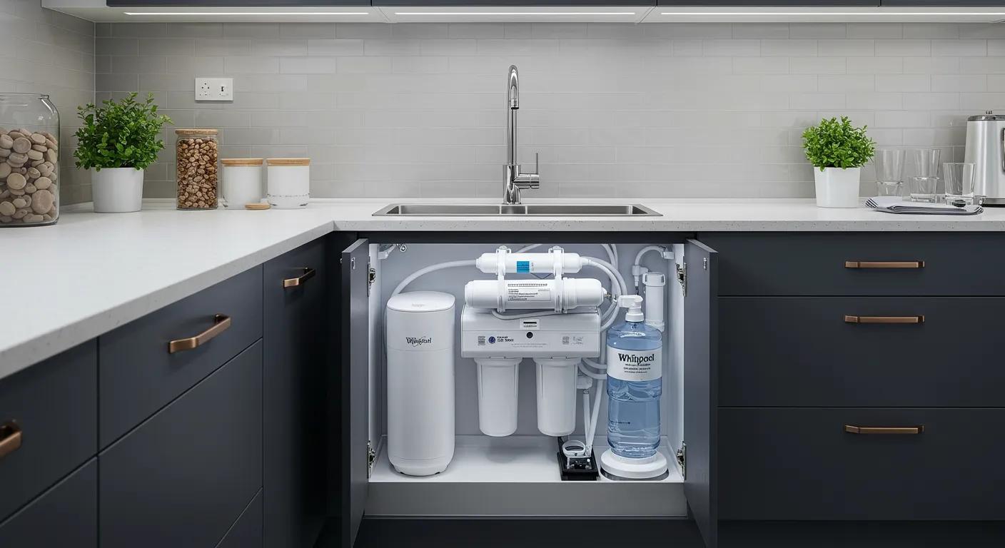 a sleek, modern kitchen featuring a whirlpool reverse osmosis system prominently mounted under the sink, showcasing the intricate components including the pre-filter, ro membrane, and storage tank, with ambient lighting highlighting the advanced technology. a sleek, modern kitchen featuring a whirlpool reverse osmosis system prominently mounted under the sink, showcasing the intricate components including the pre-filter, ro membrane, and storage tank, with ambient lighting highlighting the advanced technology.