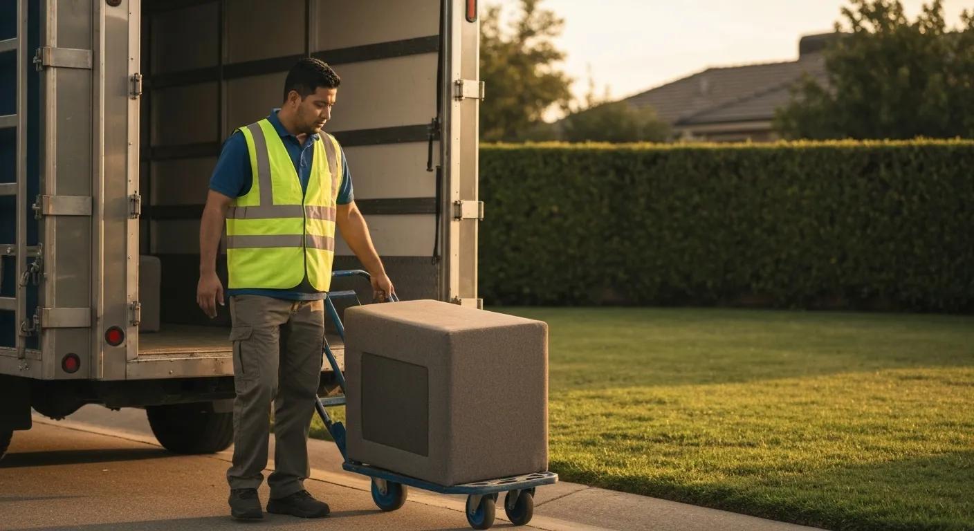 Get a new discounted sofa bed next day in the uk 4 Delivery person unloading a sofa bed, illustrating the next-day delivery service in a suburban setting
