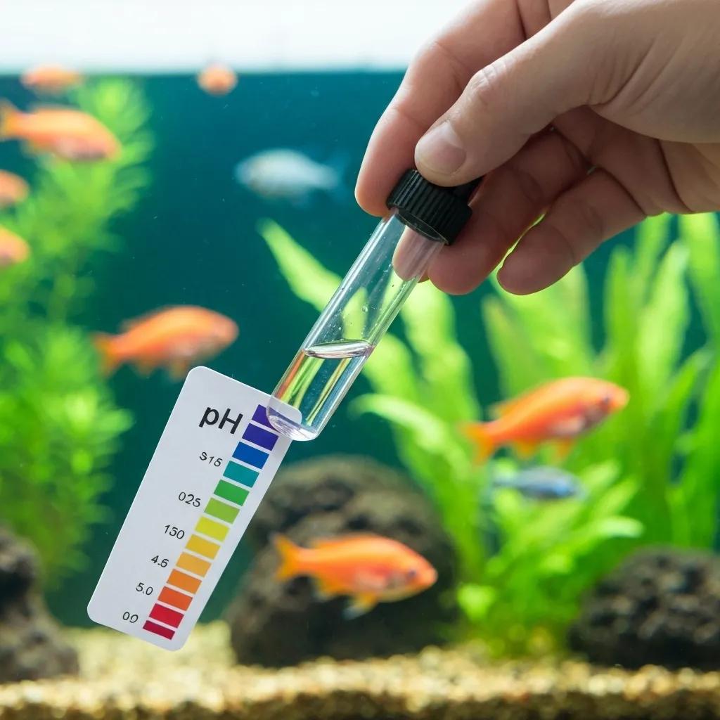 Close-up of aquarium pH testing kit with test vial and color chart in a well-maintained aquarium