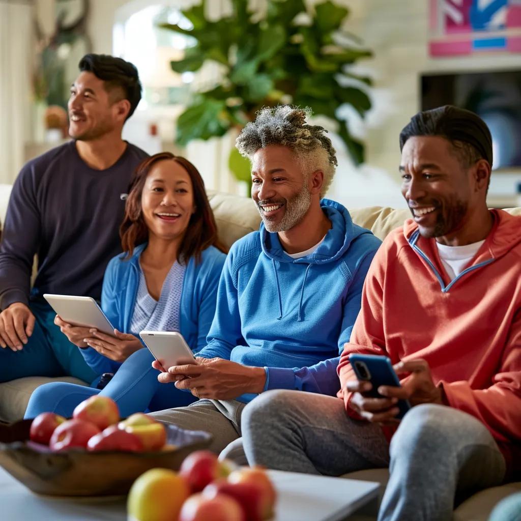 Diverse individuals engaged in a virtual weight loss consultation, highlighting community and support in a home setting