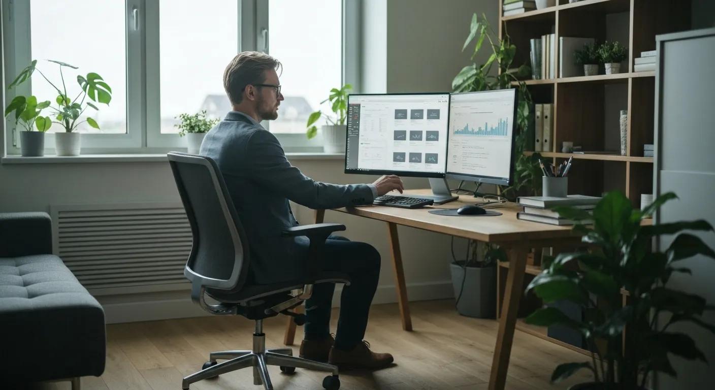A professional analysing website performance data in a comfortable home office, emphasising the importance of SEO