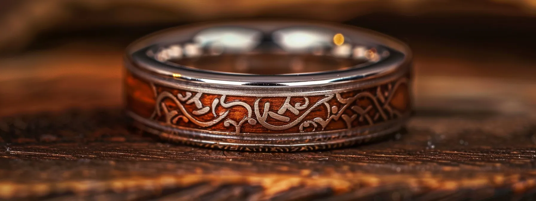 a wooden ring with a sleek tungsten carbide inlay and intricate engraving details.