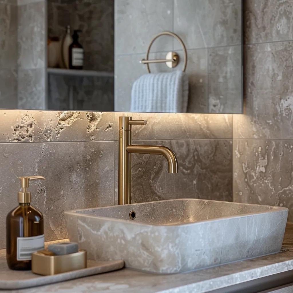 Coastal bathroom with brushed brass tapware and natural stone tiles