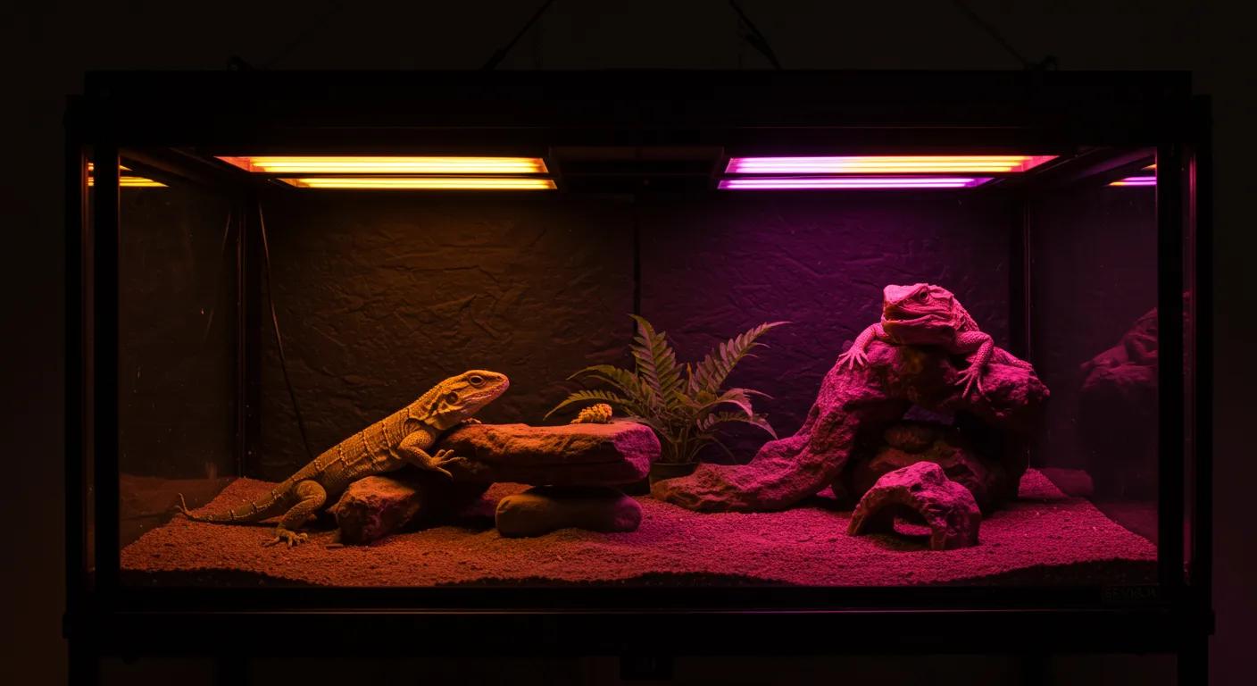 an illuminated reptile enclosure showcases two vibrant uvb bulb types, t5 and t8 fluorescent lamps, mounted above basking areas, emphasizing their critical role in simulating natural sunlight for lizards in a modern, controlled environment. an illuminated reptile enclosure showcases two vibrant uvb bulb types, t5 and t8 fluorescent lamps, mounted above basking areas, emphasizing their critical role in simulating natural sunlight for lizards in a modern, controlled environment.