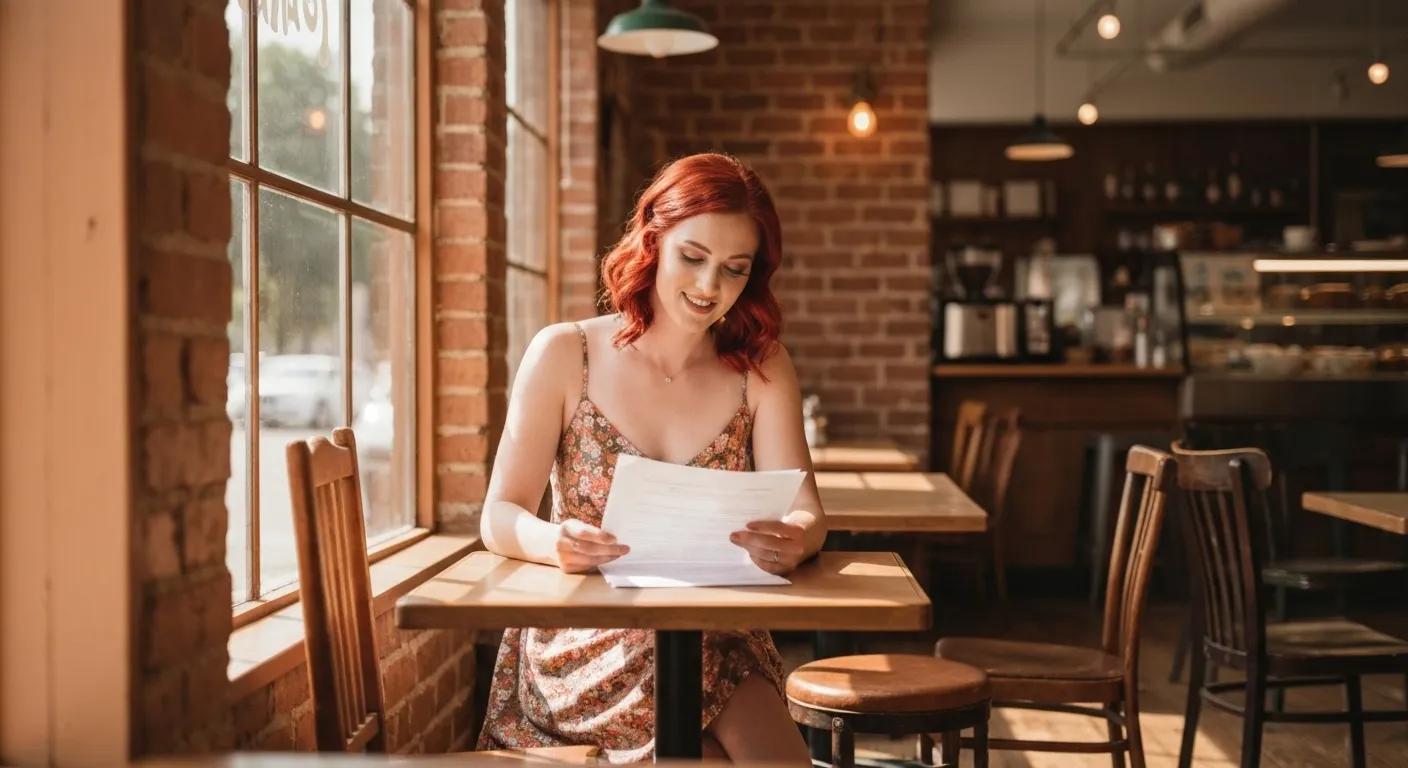 A small business owner in a welcoming Fairfax County café, reviewing loan documents with a focused and optimistic expression.