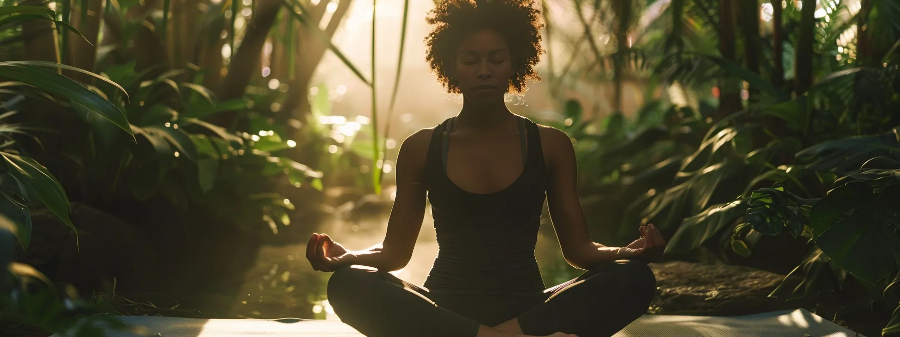 a woman doing yoga in a peaceful natural setting, focusing on mindfulness and self-care.