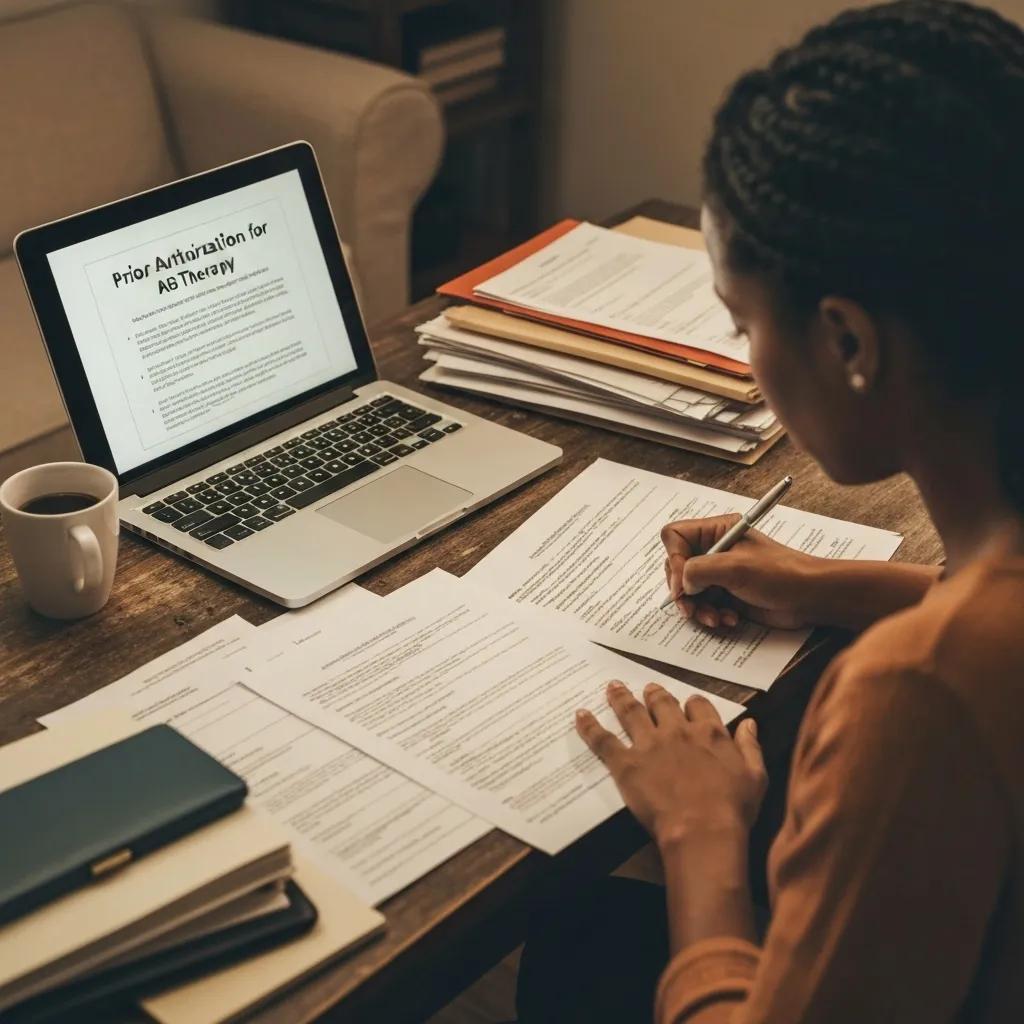A parent diligently filling out prior authorization forms for ABA therapy coverage with a focused expression