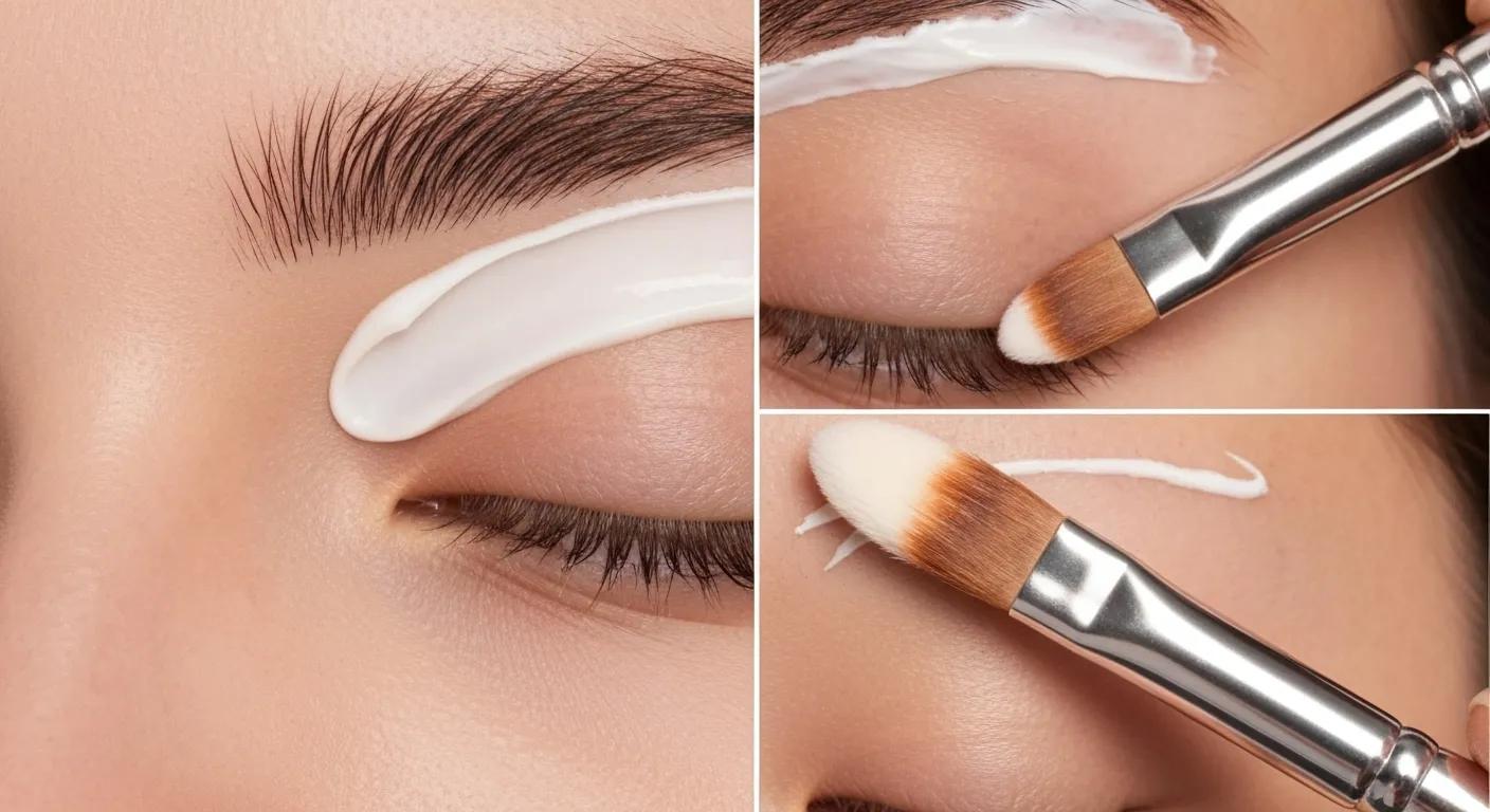 Close-up of the brow lamination application process, highlighting the lifting cream and setting serum