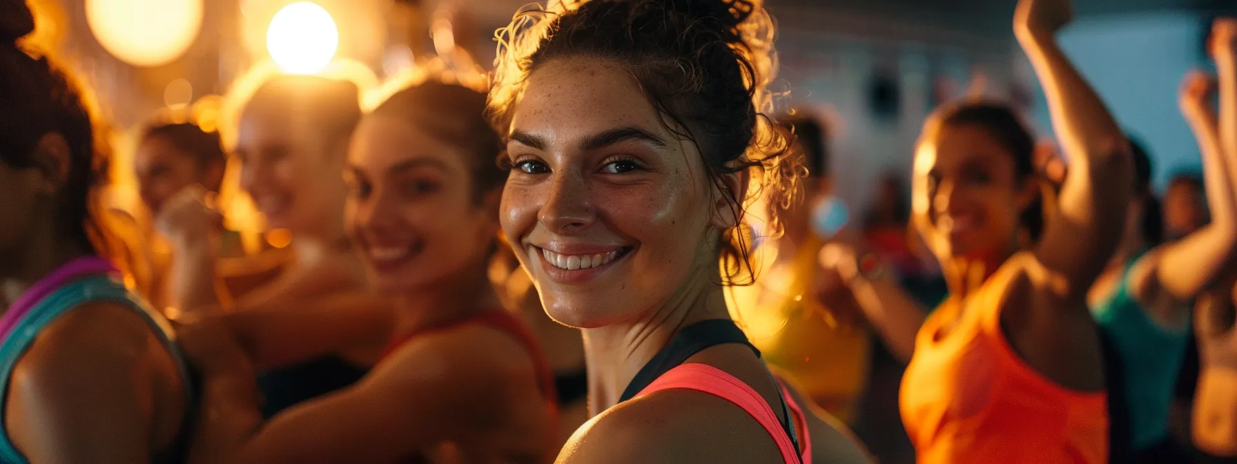 a group of people in a fitness class at synergy fitness, working out together with smiles on their faces.