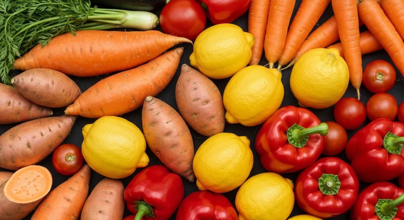 Vibrant assortment of fruits and vegetables rich in carotenoids, highlighting the natural ingredients for skin health