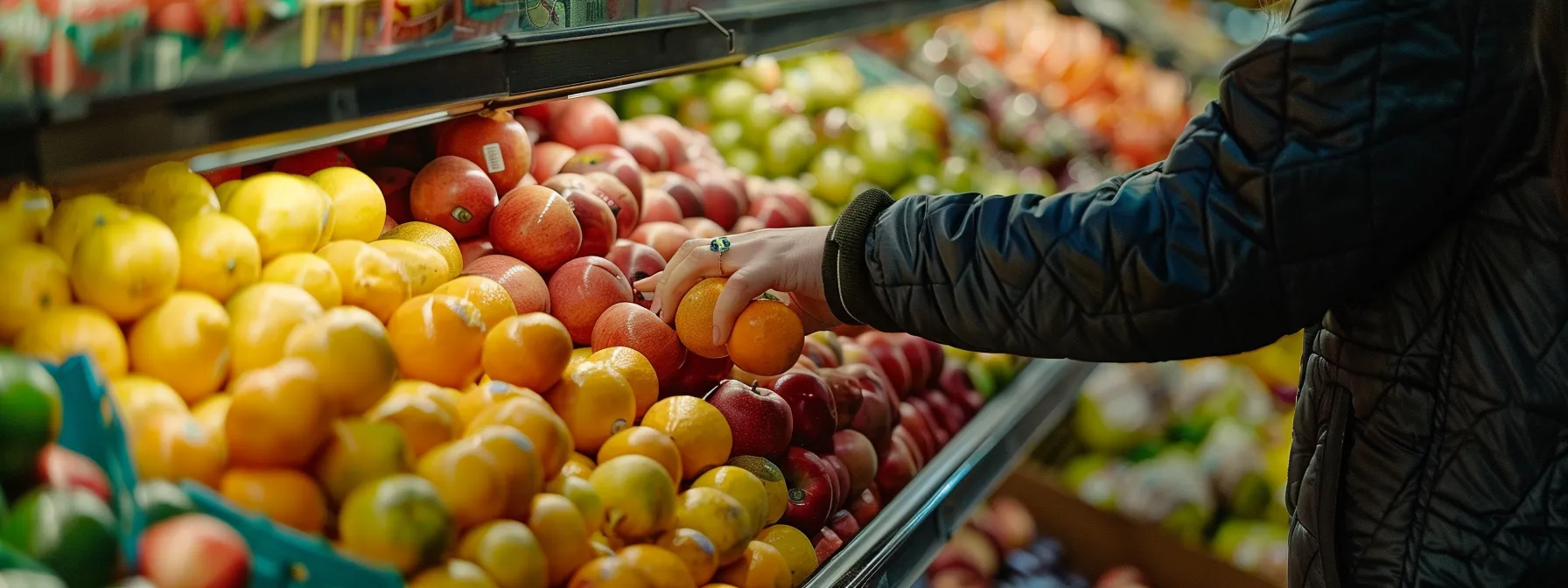 a person carefully selecting different colored fruits and vegetables at a grocery store.