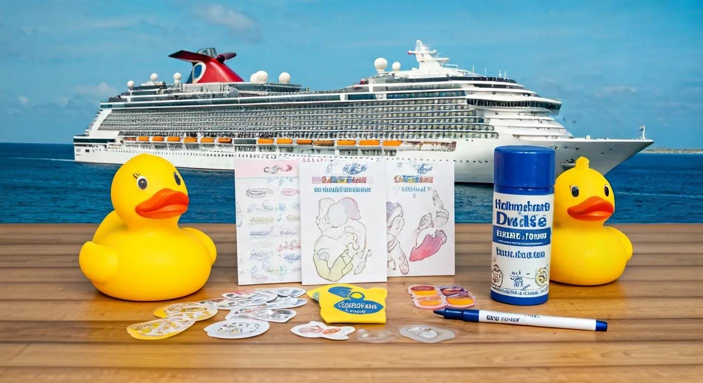 Materials for cruise ducking including rubber duck, tags, and decorations, highlighting preparation for the game