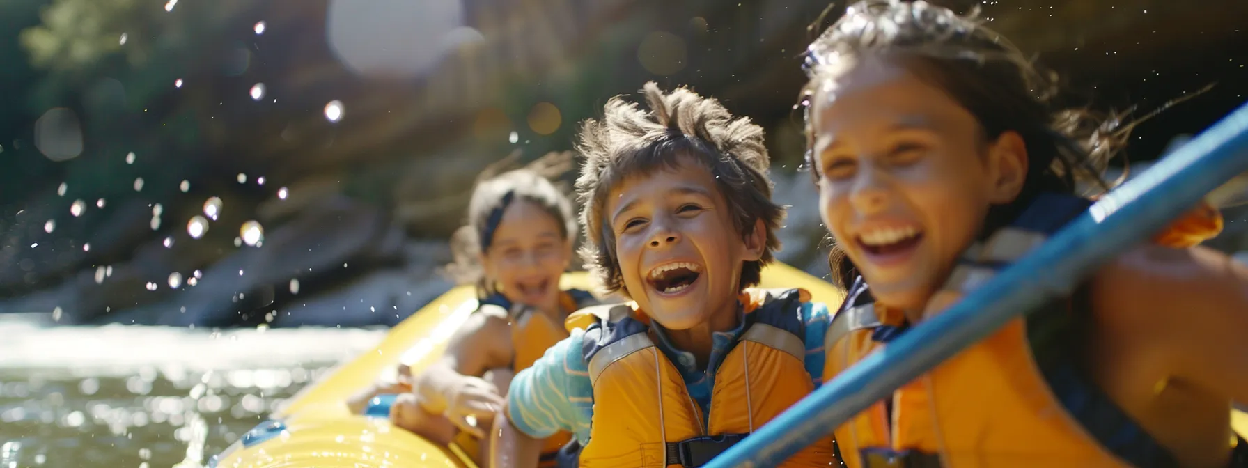 a family laughing together as they navigate through the rapids on a raft.