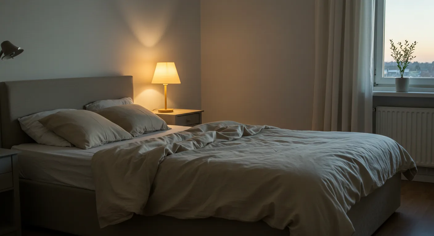 Cozy bedroom in the evening with soft lighting and neutral bedding Cozy bedroom in the evening with soft lighting and neutral bedding