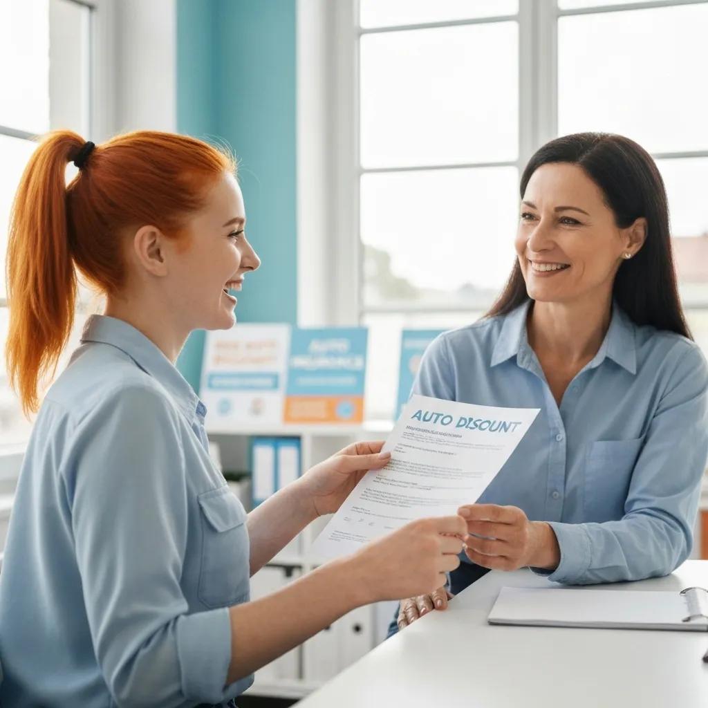 A young driver receiving a discount on auto insurance from a friendly agent in a bright office setting