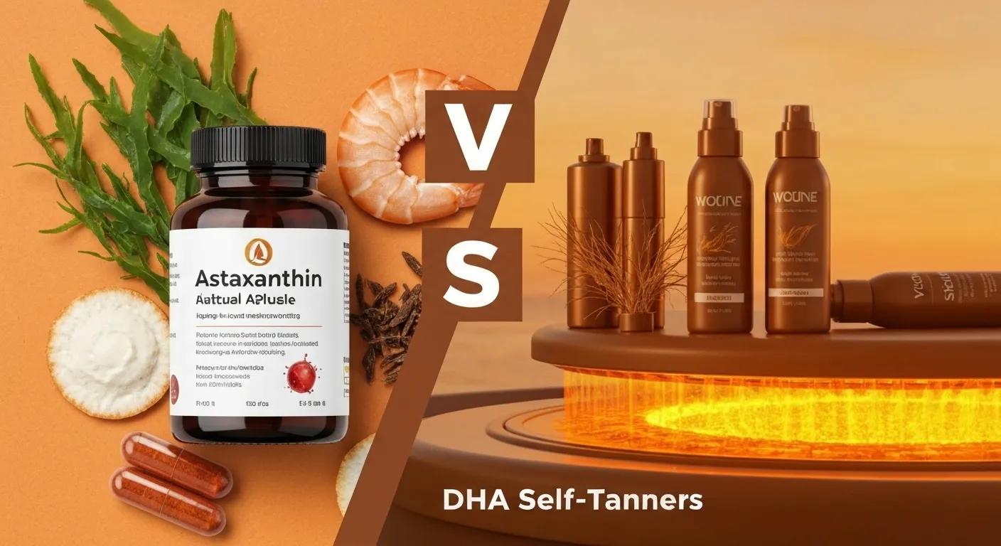 Visual comparison of astaxanthin supplements versus DHA self-tanners, illustrating the differences between tanning methods