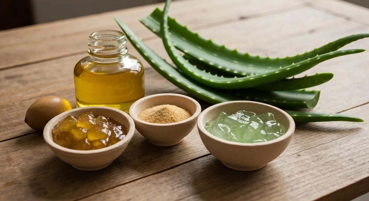 Natural hair care ingredients like argan oil and aloe vera on a wooden table, emphasizing sustainability and ethical sourcing