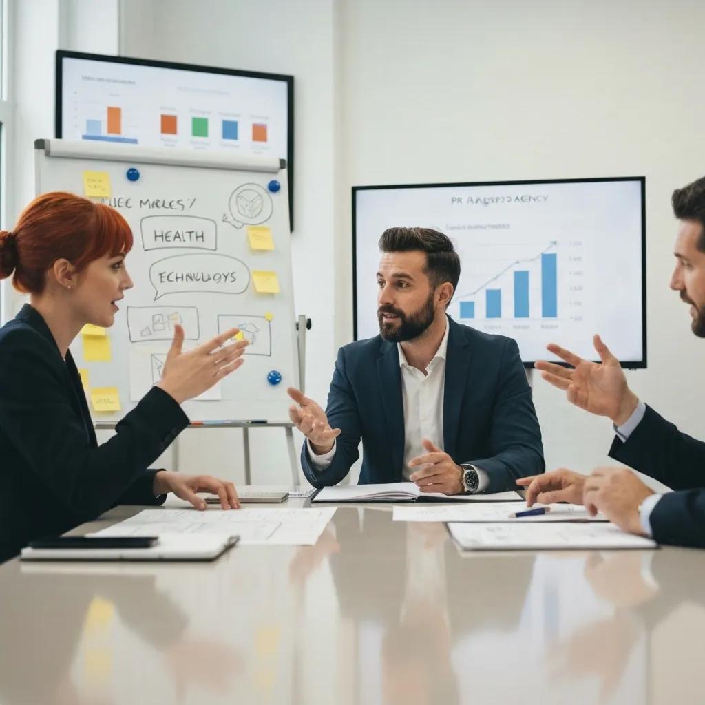 PR agency team brainstorming niche specialization strategies for high-profile clients