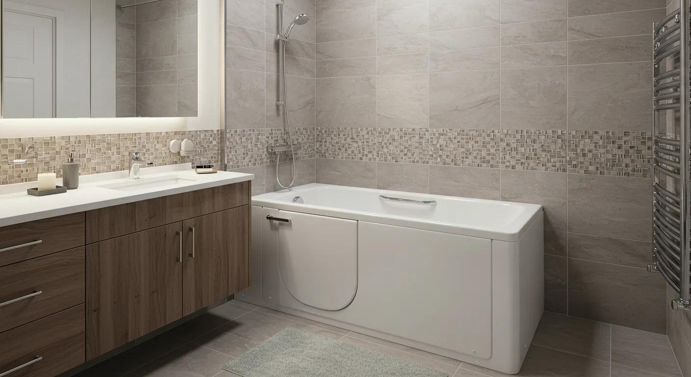 a meticulously designed bathroom showcases a stylish walk-in tub featuring safety bars, radiating a sense of independence and comfort for seniors while emphasizing an empowering atmosphere of personal autonomy.