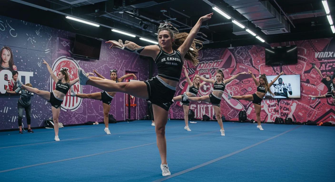 a vibrant, energetic cheerleading studio filled with passionate athletes in dynamic poses, showcasing dramatic routines against a backdrop of colorful branding and engaging social media feeds displayed on screens. a vibrant, energetic cheerleading studio filled with passionate athletes in dynamic poses, showcasing dramatic routines against a backdrop of colorful branding and engaging social media feeds displayed on screens.