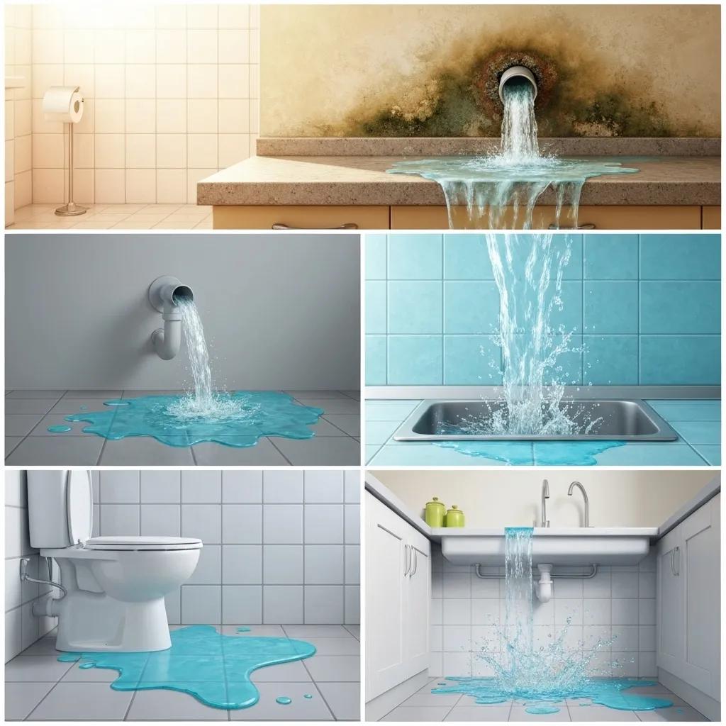 Visual representation of plumbing emergency signs including water pooling and leaking pipes, emphasizing urgent plumbing issues
