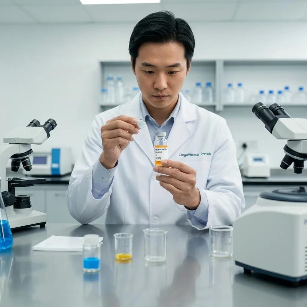 Researcher in a lab handling Cagrilintide 5mg peptide vial in a professional laboratory setting