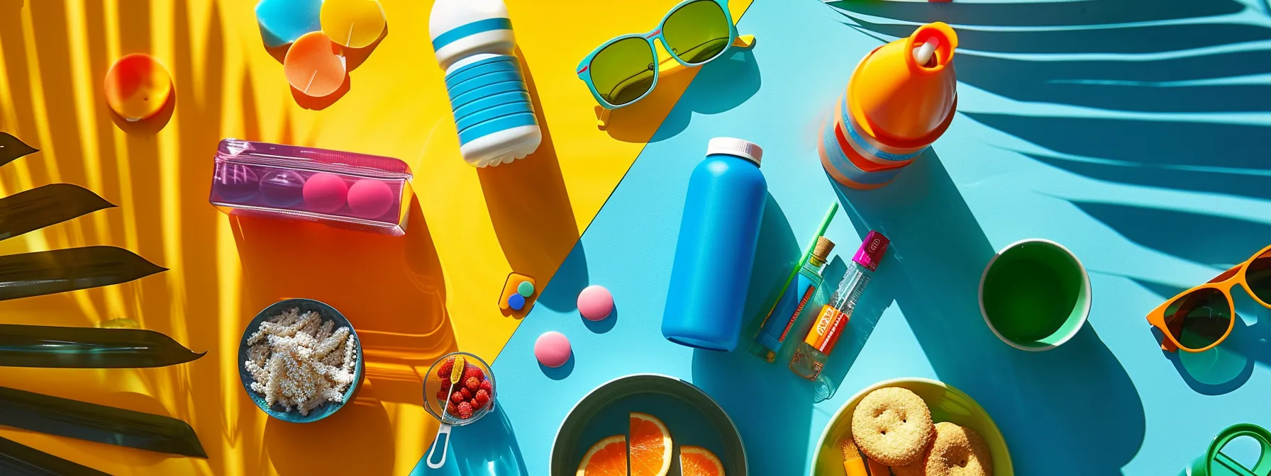 a colorful array of sunscreen, sunglasses, a reusable water bottle, snacks, and first aid supplies laid out on a vibrant outdoor table.