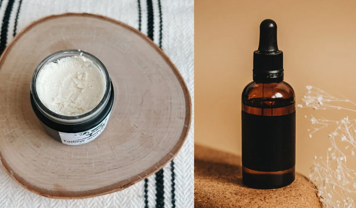 A side-by-side comparison of natural hair care products featuring a jar of creamy white Beef Tallow on a wooden coaster next to a glass dropper bottle of oil, highlighting the different textures of tallow for hair treatments.