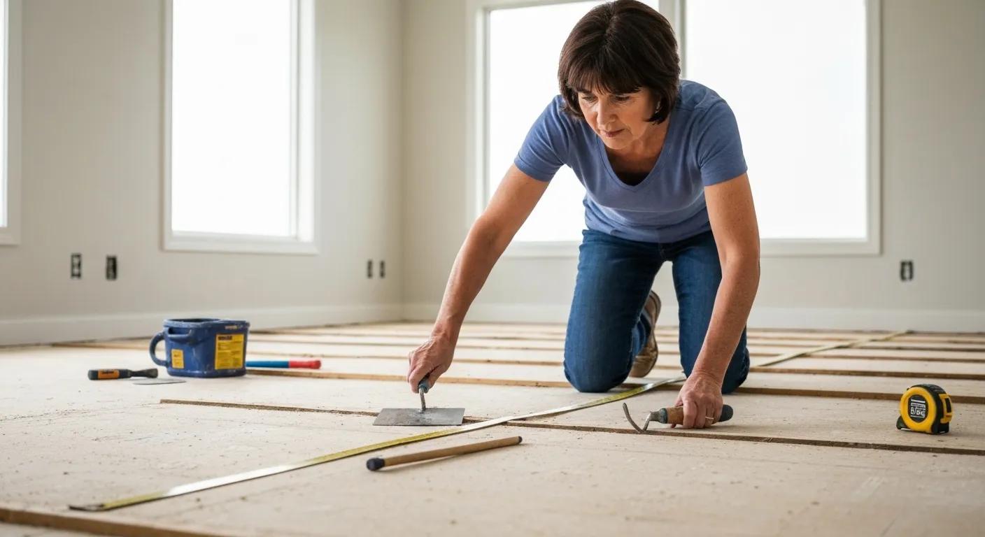 A homeowner carefully inspecting a subfloor with tools, highlighting the importance of thorough preparation