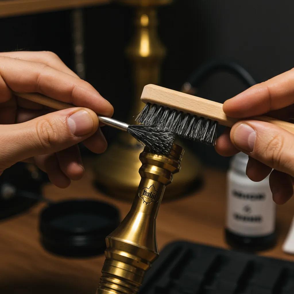 Person cleaning a brass Khalil Mamoon hookah stem with a brush