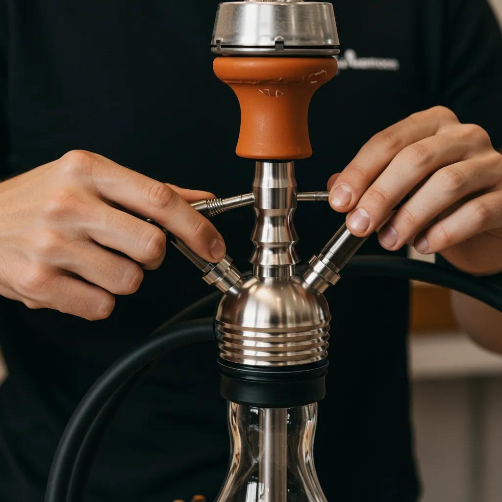 Hands assembling a Khalil Mamoon hookah with attention to detail