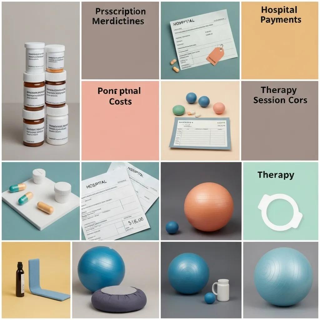 Collage of medical payment types including medications, hospital bills, and therapy costs, illustrating the financial aspects of healthcare