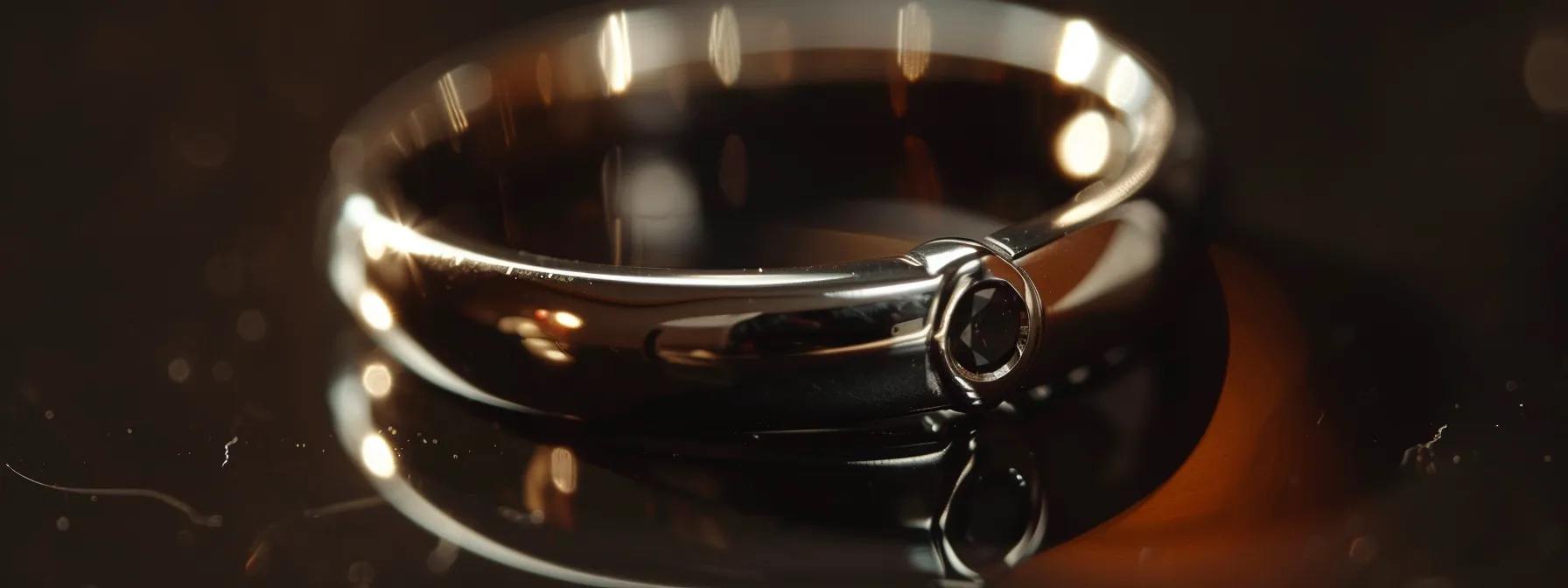 a close up of a shiny silver ring with a small black gemstone.