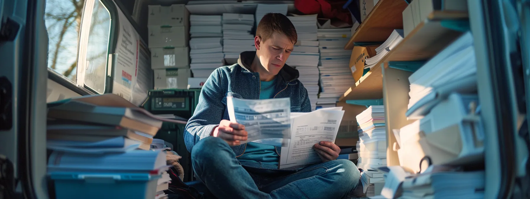 a person carefully comparing different warranty plans and providers for their used truck, surrounded by paperwork and charts.