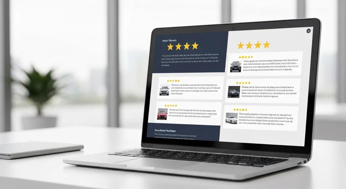A laptop screen displaying glowing customer reviews for an auto repair business