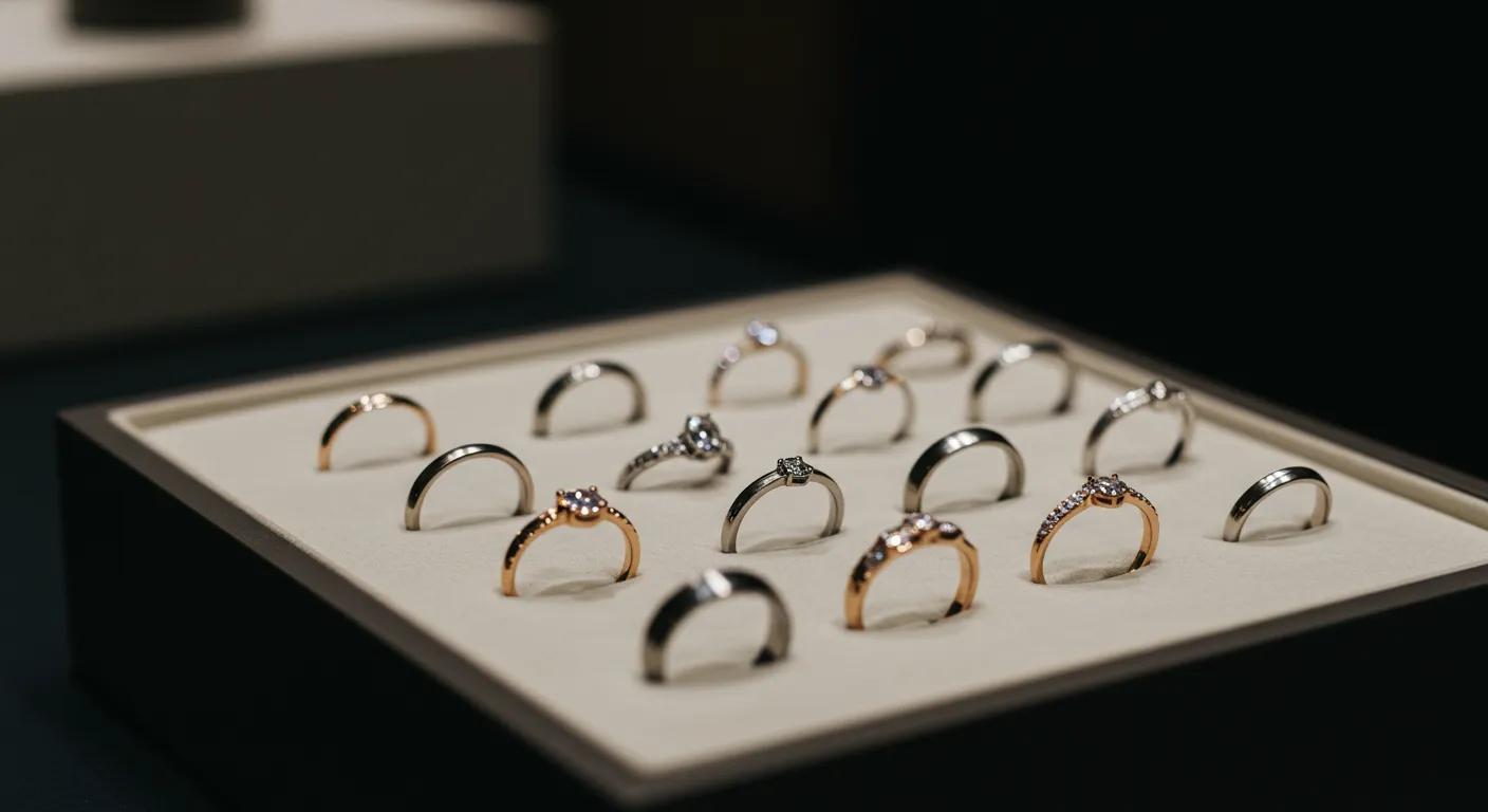a polished display of various wedding rings made from different materials, arranged elegantly on a sleek, modern jewelry box in a softly lit, sophisticated office setting, highlighting the uniqueness of each ring's maintenance needs.