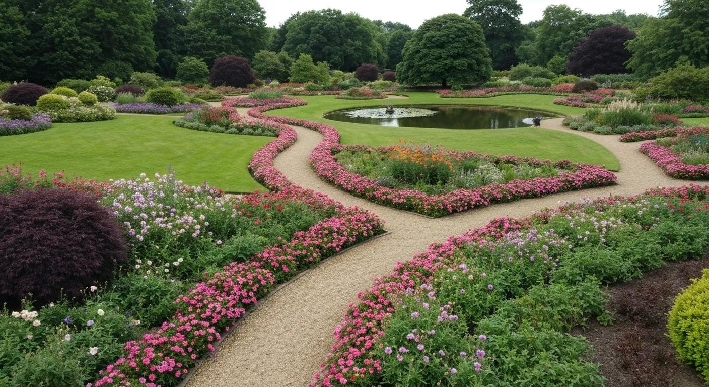 Beautifully landscaped garden with vibrant flowers, lush lawns, and inviting outdoor seating