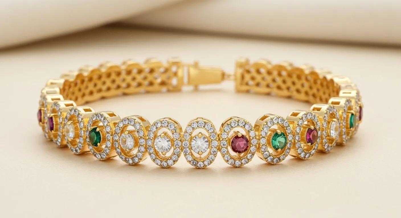 A gold-plated bracelet adorned with colourful gemstones, beautifully demonstrating its aesthetic appeal and elegance.