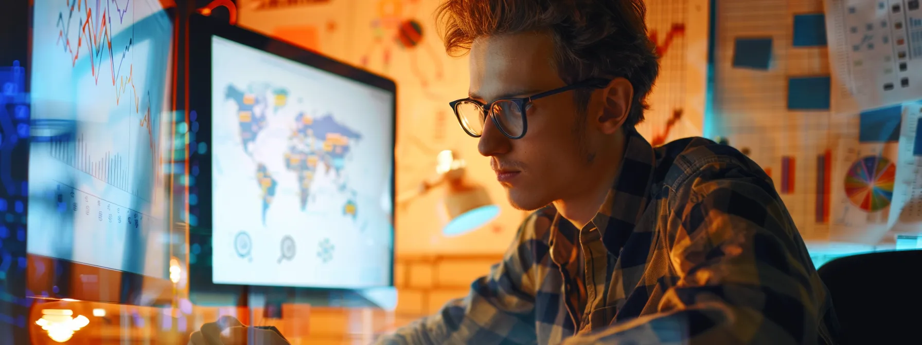 a focused individual analyzing charts and graphs on a computer screen, surrounded by note cards and a brainstorming board.