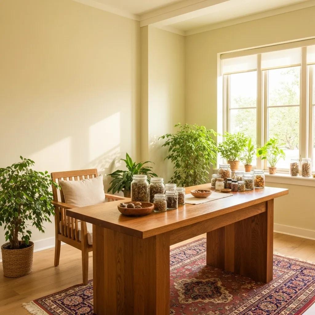 Ayurvedic consultation room with herbal remedies and natural decor, promoting wellness and holistic health