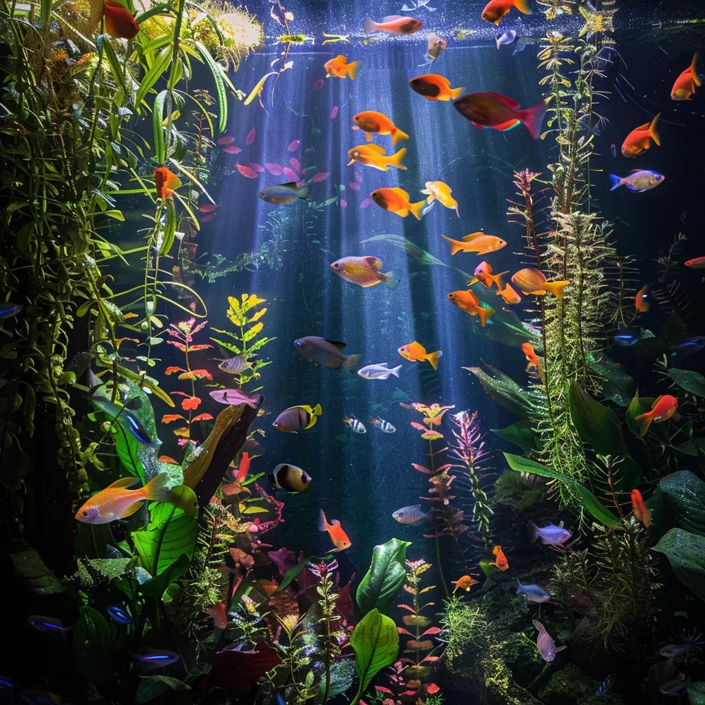 Vibrant aquarium with automated lighting showcasing healthy fish and lush plants