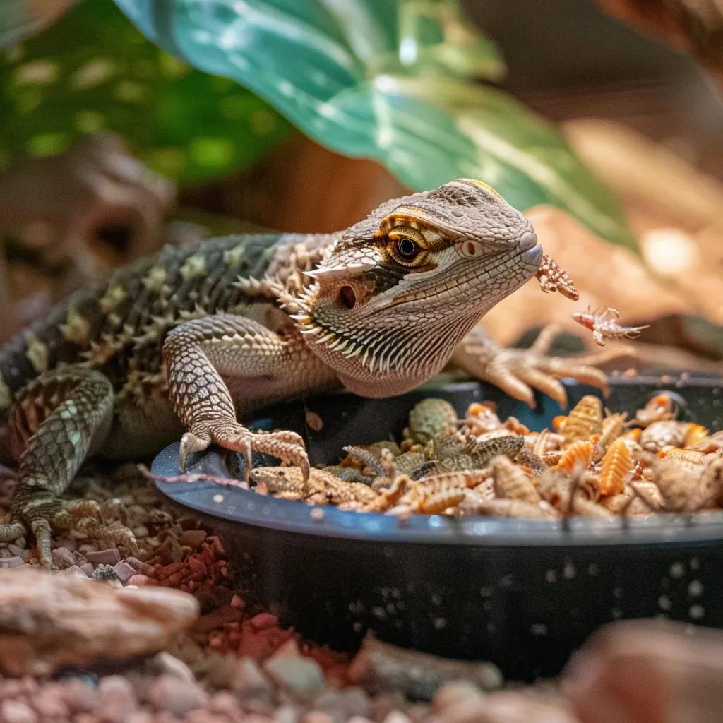 Baby bearded dragon eating small insects from a dish in a nurturing environment