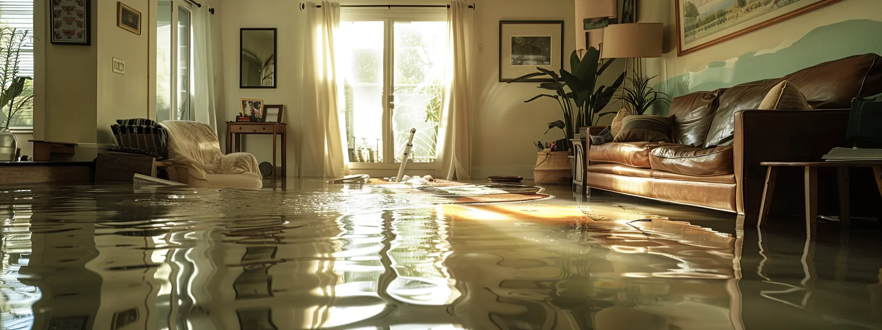 a flooded living room in a savannah condo, with water-stained ceiling and belongings, as the owner reviews her mobile insurance app.