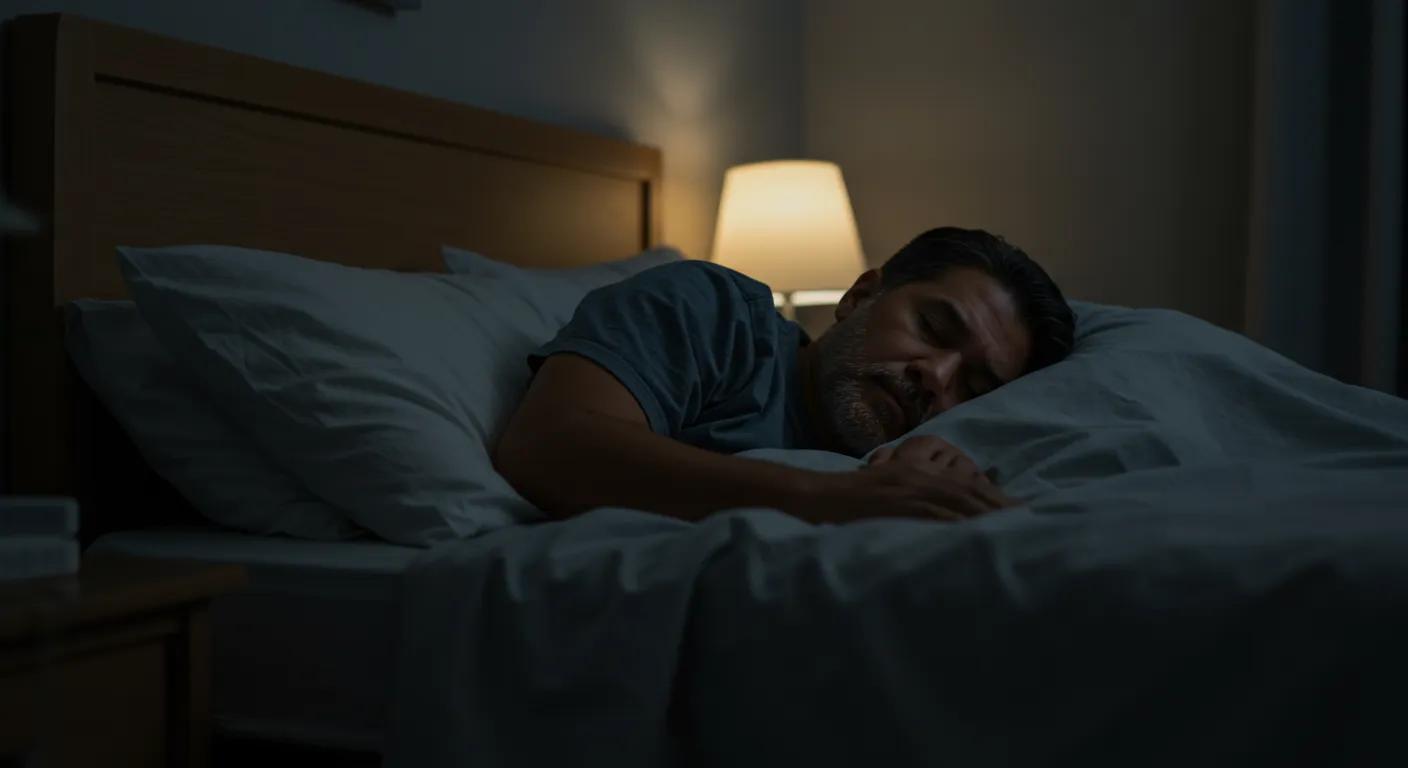 Person sleeping peacefully in a dark room, representing enhanced sleep quality with MK-677