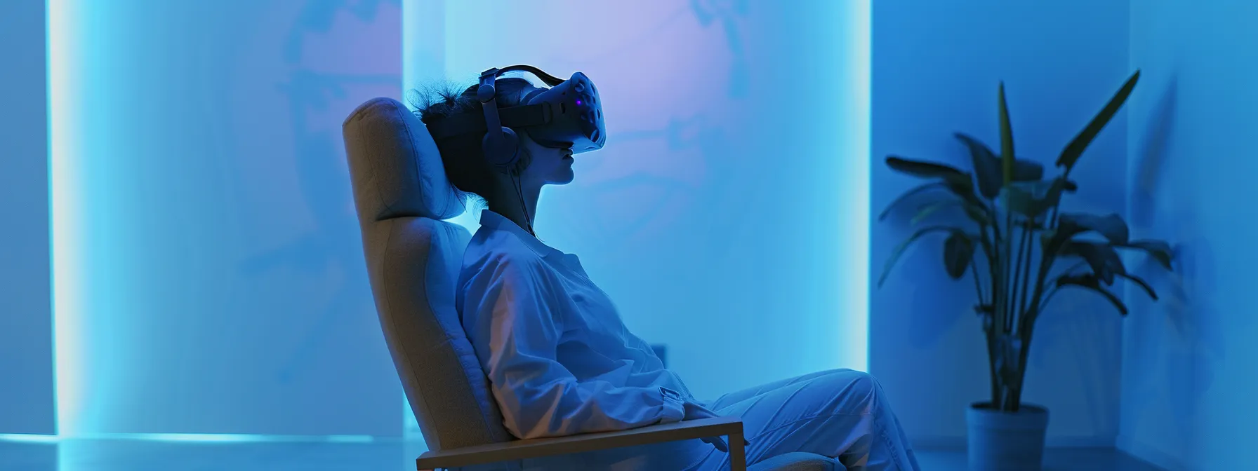 a person engaging in a virtual reality therapy session with a therapist in a high-tech environment.