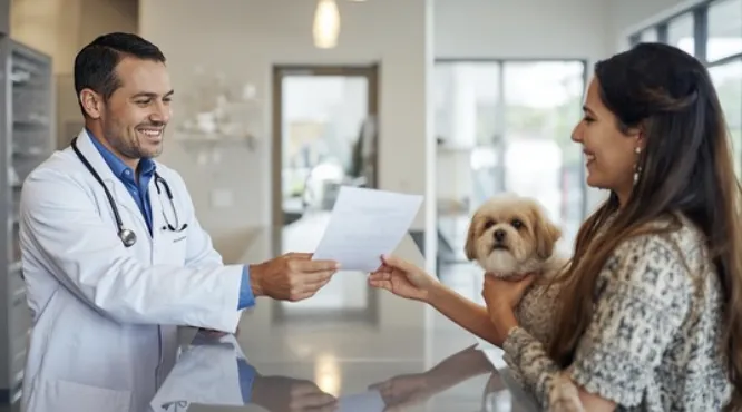 A veterinarian handing updated vaccine paperwork to a pet owner holding a small dog. Clean, modern vet clinic setting, friendly atmosphere. A veterinarian handing updated vaccine paperwork to a pet owner holding a small dog. Clean, modern vet clinic setting, friendly atmosphere.