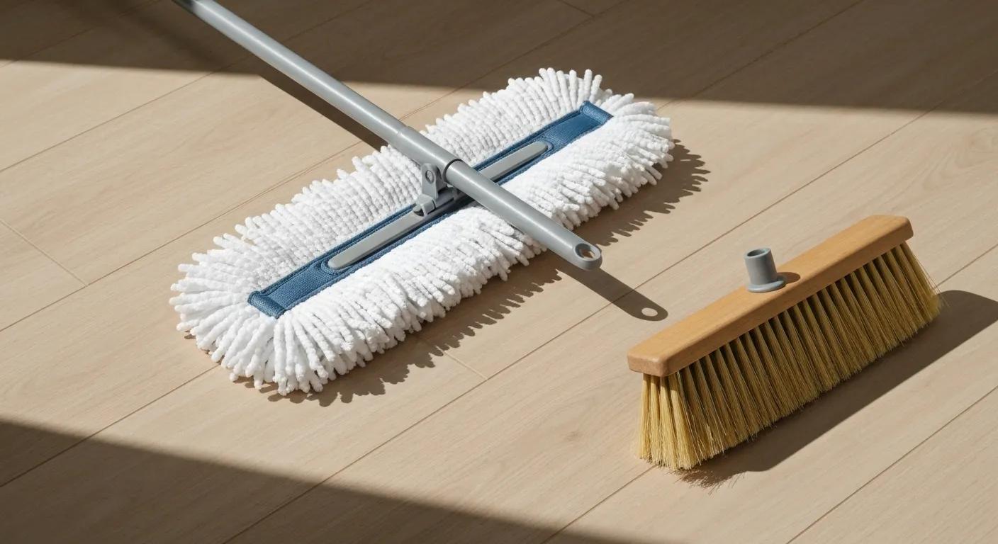 Essential cleaning tools for engineered wood floors, including a microfiber mop and a soft-bristle broom