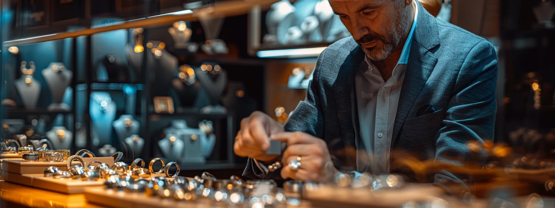 a man trying on different wedding rings, carefully examining the width and fit, surrounded by a display of shiny, elegant bands.